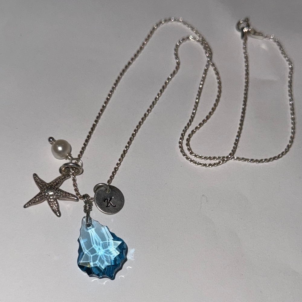925 Sterling Silver Starfish Blue Crystal Pendant Necklace Love Beach